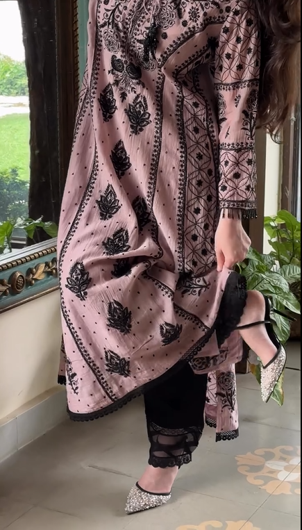 Pink With Black Embroidery Suit