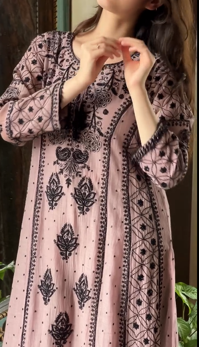 Pink With Black Embroidery Suit