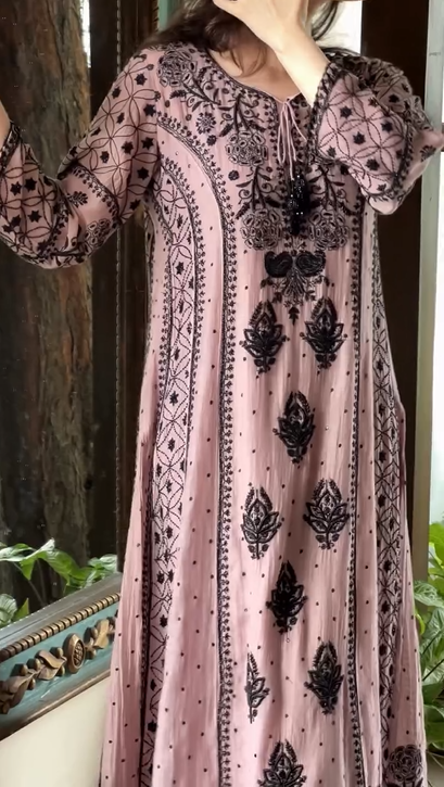 Pink With Black Embroidery Suit