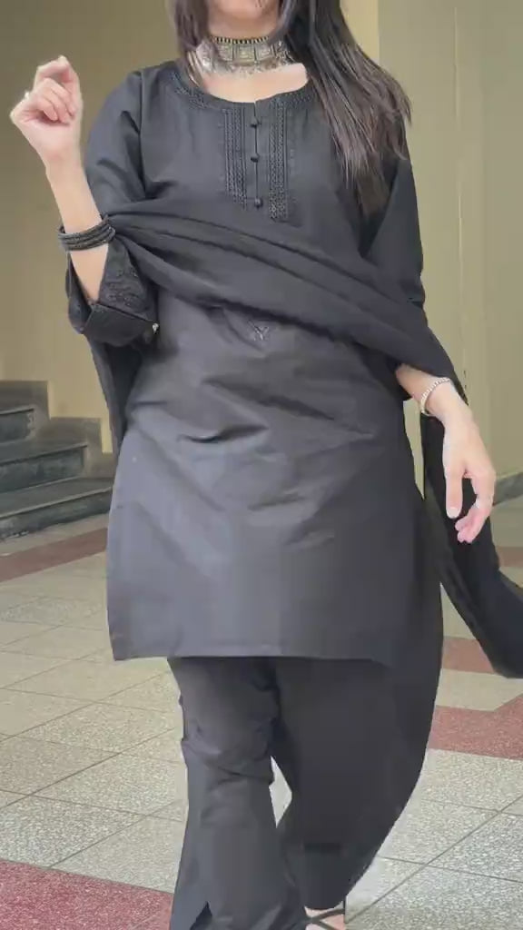 Black Soft Cotton 3Pcs Suit