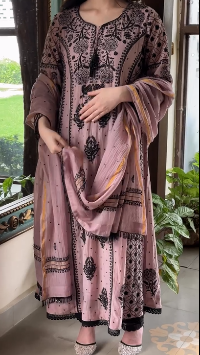 Pink With Black Embroidery Suit