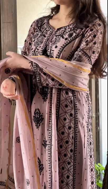 Pink With Black Embroidery Suit